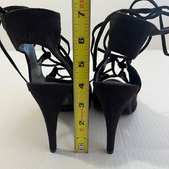 Y2K Strappy Cage Shoes Sz 7 Stiletto Heels Black Faux Suede Open Toe Whimsigoth. - Picture 5 of 8